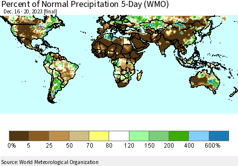 World Percent of Normal Precipitation 5-Day (WMO) Thematic Map For 12/16/2023 - 12/20/2023
