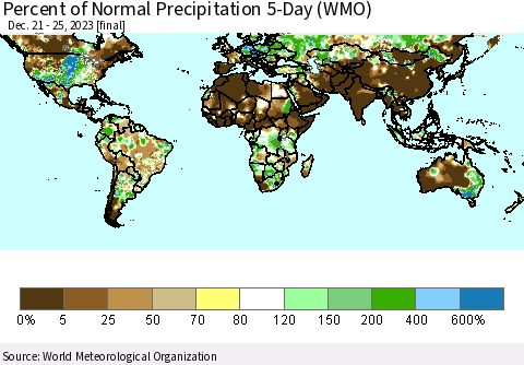 World Percent of Normal Precipitation 5-Day (WMO) Thematic Map For 12/21/2023 - 12/25/2023