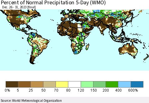 World Percent of Normal Precipitation 5-Day (WMO) Thematic Map For 12/26/2023 - 12/31/2023