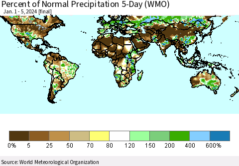 World Percent of Normal Precipitation 5-Day (WMO) Thematic Map For 1/1/2024 - 1/5/2024