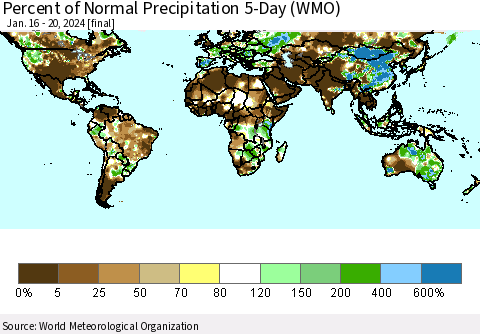 World Percent of Normal Precipitation 5-Day (WMO) Thematic Map For 1/16/2024 - 1/20/2024