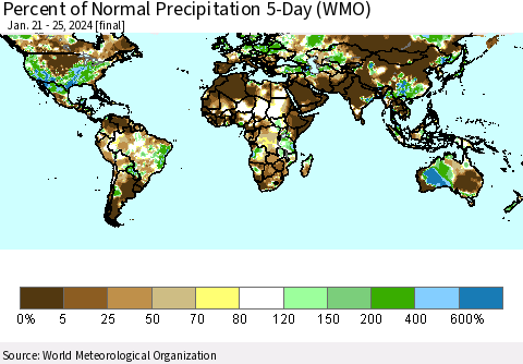 World Percent of Normal Precipitation 5-Day (WMO) Thematic Map For 1/21/2024 - 1/25/2024