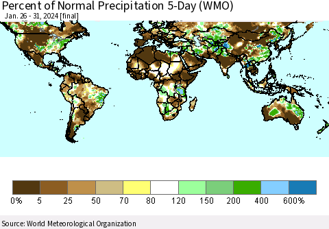 World Percent of Normal Precipitation 5-Day (WMO) Thematic Map For 1/26/2024 - 1/31/2024
