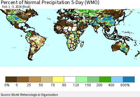 World Percent of Normal Precipitation 5-Day (WMO) Thematic Map For 2/1/2024 - 2/5/2024