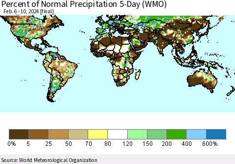 World Percent of Normal Precipitation 5-Day (WMO) Thematic Map For 2/6/2024 - 2/10/2024