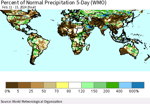 World Percent of Normal Precipitation 5-Day (WMO) Thematic Map For 2/11/2024 - 2/15/2024