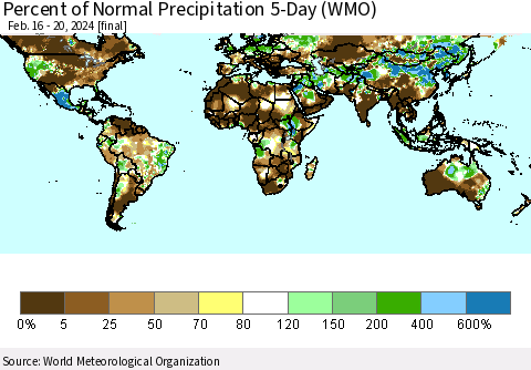 World Percent of Normal Precipitation 5-Day (WMO) Thematic Map For 2/16/2024 - 2/20/2024