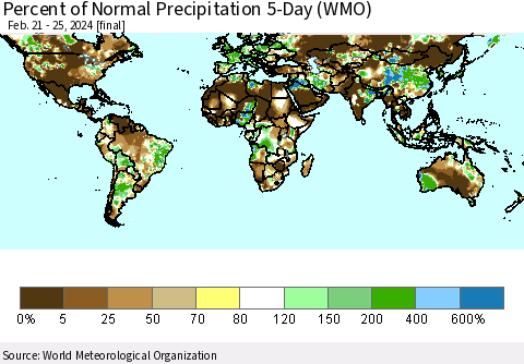 World Percent of Normal Precipitation 5-Day (WMO) Thematic Map For 2/21/2024 - 2/25/2024