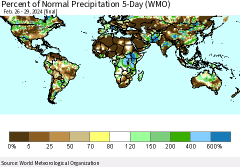 World Percent of Normal Precipitation 5-Day (WMO) Thematic Map For 2/26/2024 - 2/29/2024