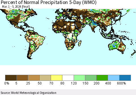 World Percent of Normal Precipitation 5-Day (WMO) Thematic Map For 3/1/2024 - 3/5/2024