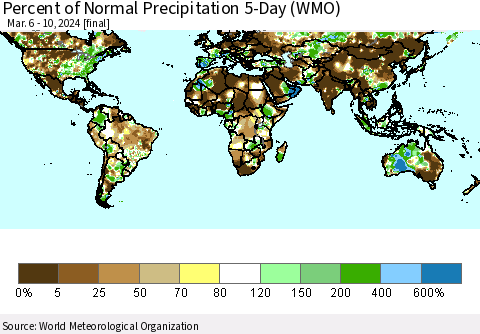 World Percent of Normal Precipitation 5-Day (WMO) Thematic Map For 3/6/2024 - 3/10/2024