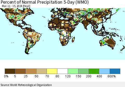 World Percent of Normal Precipitation 5-Day (WMO) Thematic Map For 3/11/2024 - 3/15/2024