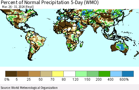 World Percent of Normal Precipitation 5-Day (WMO) Thematic Map For 3/26/2024 - 3/31/2024