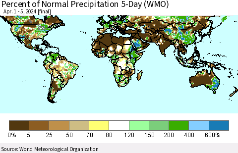 World Percent of Normal Precipitation 5-Day (WMO) Thematic Map For 4/1/2024 - 4/5/2024