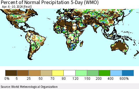 World Percent of Normal Precipitation 5-Day (WMO) Thematic Map For 4/6/2024 - 4/10/2024