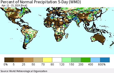 World Percent of Normal Precipitation 5-Day (WMO) Thematic Map For 4/11/2024 - 4/15/2024