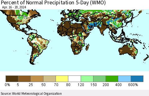 World Percent of Normal Precipitation 5-Day (WMO) Thematic Map For 4/16/2024 - 4/20/2024