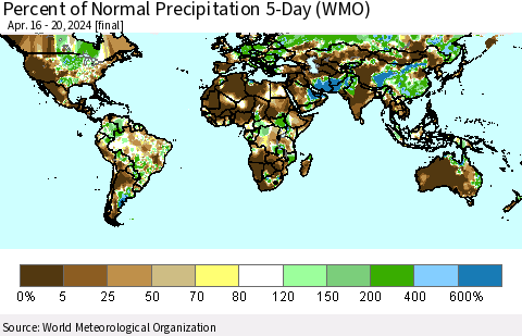 World Percent of Normal Precipitation 5-Day (WMO) Thematic Map For 4/16/2024 - 4/20/2024