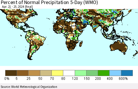 World Percent of Normal Precipitation 5-Day (WMO) Thematic Map For 4/21/2024 - 4/25/2024