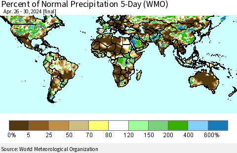 World Percent of Normal Precipitation 5-Day (WMO) Thematic Map For 4/26/2024 - 4/30/2024