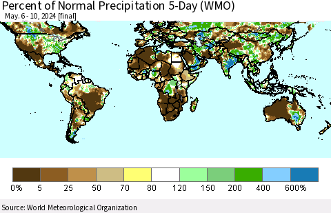 World Percent of Normal Precipitation 5-Day (WMO) Thematic Map For 5/6/2024 - 5/10/2024
