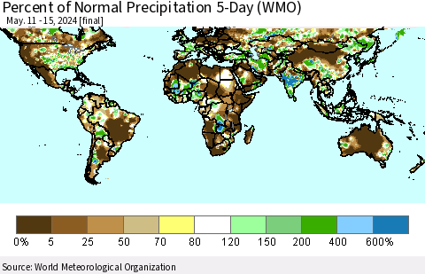 World Percent of Normal Precipitation 5-Day (WMO) Thematic Map For 5/11/2024 - 5/15/2024