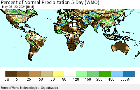 World Percent of Normal Precipitation 5-Day (WMO) Thematic Map For 5/16/2024 - 5/20/2024
