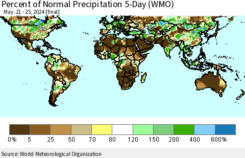 World Percent of Normal Precipitation 5-Day (WMO) Thematic Map For 5/21/2024 - 5/25/2024