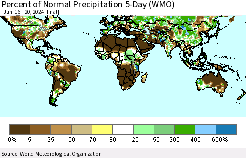 World Percent of Normal Precipitation 5-Day (WMO) Thematic Map For 6/16/2024 - 6/20/2024