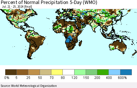 World Percent of Normal Precipitation 5-Day (WMO) Thematic Map For 7/21/2024 - 7/25/2024