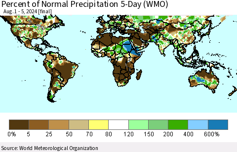 World Percent of Normal Precipitation 5-Day (WMO) Thematic Map For 8/1/2024 - 8/5/2024
