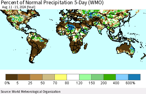 World Percent of Normal Precipitation 5-Day (WMO) Thematic Map For 8/11/2024 - 8/15/2024