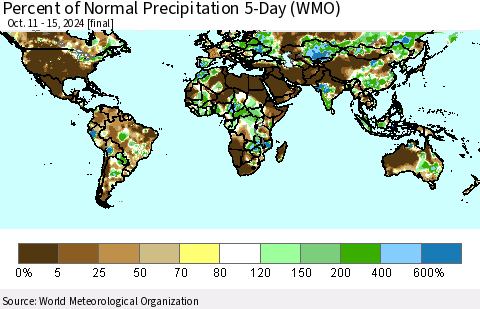 World Percent of Normal Precipitation 5-Day (WMO) Thematic Map For 10/11/2024 - 10/15/2024