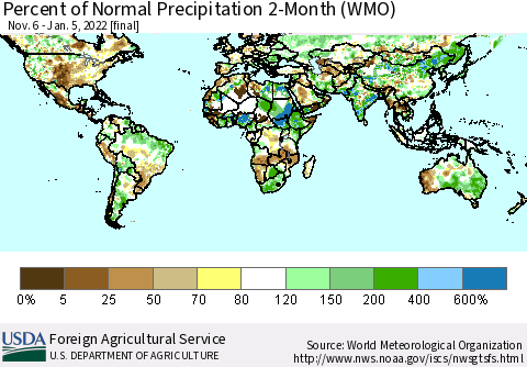 World Percent of Normal Precipitation 2-Month (WMO) Thematic Map For 11/6/2021 - 1/5/2022