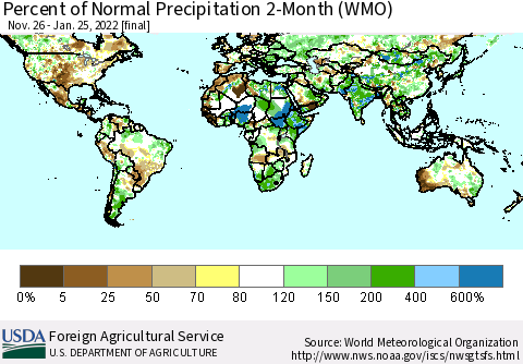 World Percent of Normal Precipitation 2-Month (WMO) Thematic Map For 11/26/2021 - 1/25/2022
