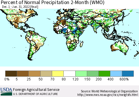 World Percent of Normal Precipitation 2-Month (WMO) Thematic Map For 12/1/2021 - 1/31/2022