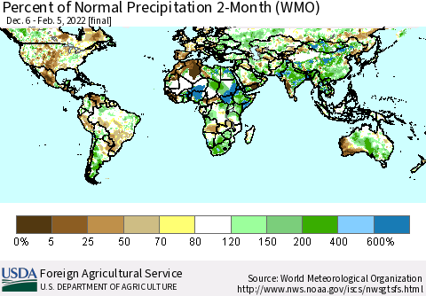 World Percent of Normal Precipitation 2-Month (WMO) Thematic Map For 12/6/2021 - 2/5/2022