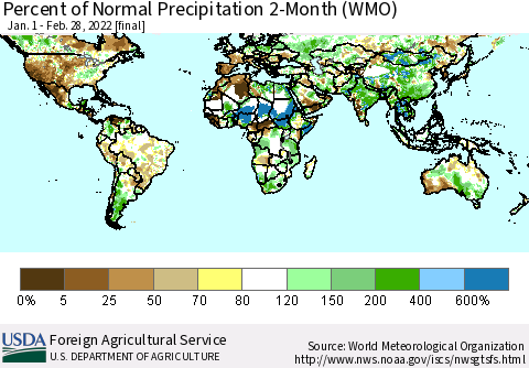 World Percent of Normal Precipitation 2-Month (WMO) Thematic Map For 1/1/2022 - 2/28/2022
