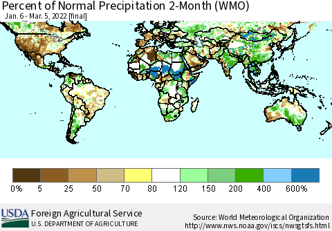 World Percent of Normal Precipitation 2-Month (WMO) Thematic Map For 1/6/2022 - 3/5/2022