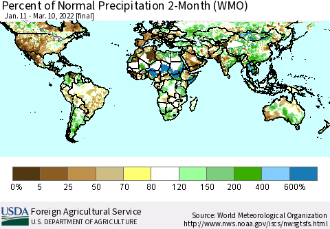 World Percent of Normal Precipitation 2-Month (WMO) Thematic Map For 1/11/2022 - 3/10/2022