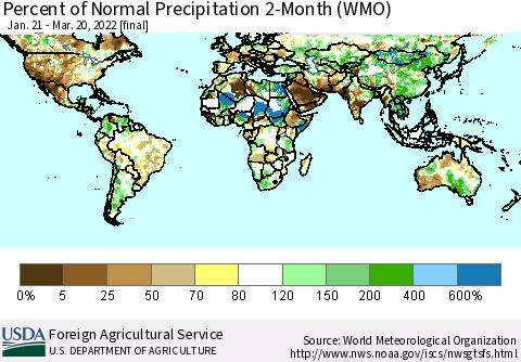 World Percent of Normal Precipitation 2-Month (WMO) Thematic Map For 1/21/2022 - 3/20/2022