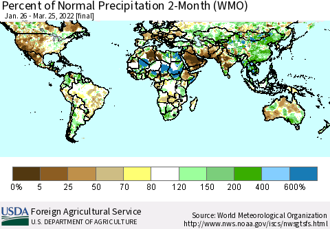 World Percent of Normal Precipitation 2-Month (WMO) Thematic Map For 1/26/2022 - 3/25/2022