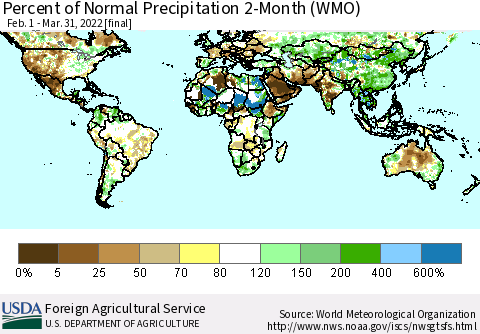 World Percent of Normal Precipitation 2-Month (WMO) Thematic Map For 2/1/2022 - 3/31/2022