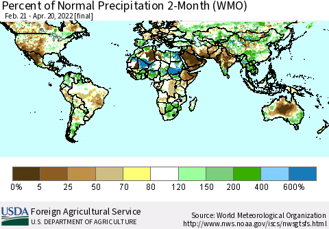 World Percent of Normal Precipitation 2-Month (WMO) Thematic Map For 2/21/2022 - 4/20/2022