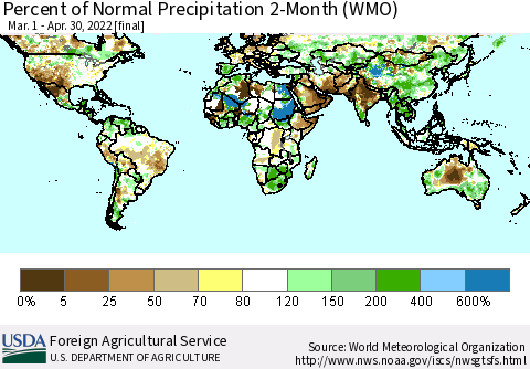 World Percent of Normal Precipitation 2-Month (WMO) Thematic Map For 3/1/2022 - 4/30/2022