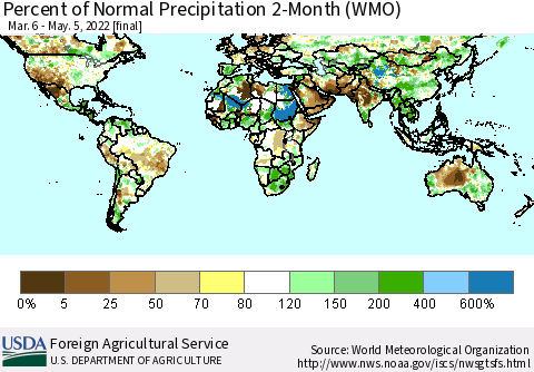 World Percent of Normal Precipitation 2-Month (WMO) Thematic Map For 3/6/2022 - 5/5/2022