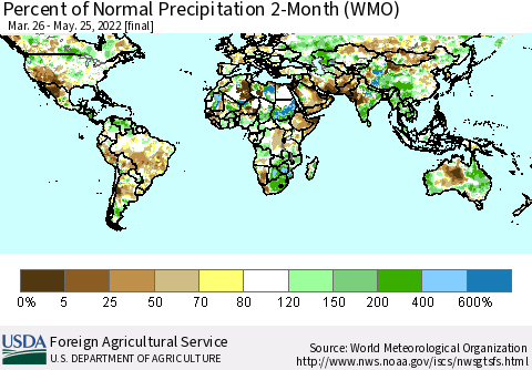 World Percent of Normal Precipitation 2-Month (WMO) Thematic Map For 3/26/2022 - 5/25/2022