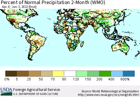 World Percent of Normal Precipitation 2-Month (WMO) Thematic Map For 4/6/2022 - 6/5/2022
