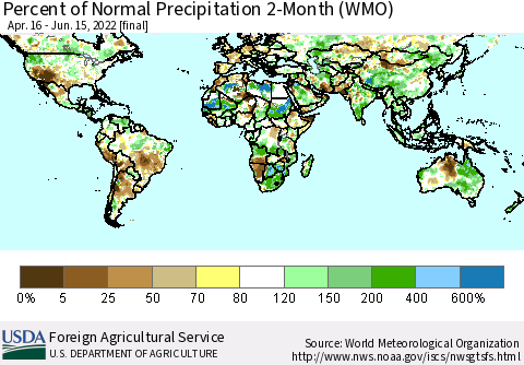 World Percent of Normal Precipitation 2-Month (WMO) Thematic Map For 4/16/2022 - 6/15/2022