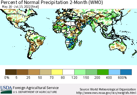 World Percent of Normal Precipitation 2-Month (WMO) Thematic Map For 5/16/2022 - 7/15/2022